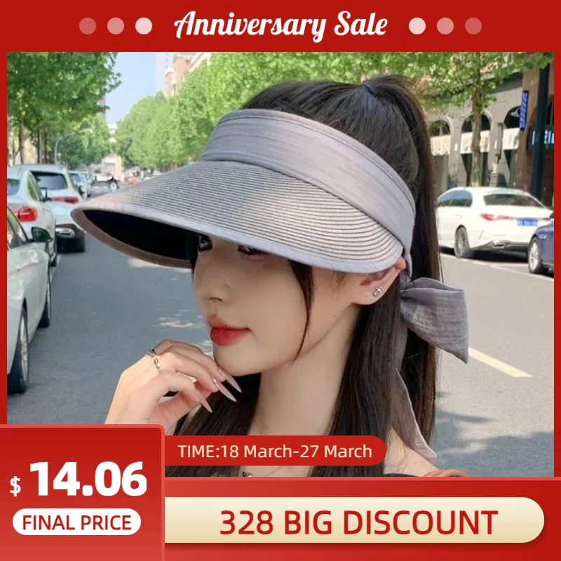 Color Blocking Ice Silk Hairband Hollow Top Hat Korean Fashion Shading Sunscreen Hat Student Outdoor Mountain Climbing Bow