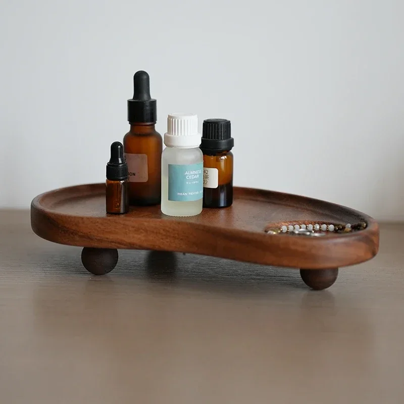 Retro Walnut Color Wooden Tray Round Aromatherapy Key Storage Rack Geometric Design Sense Dessert Tray Photo Props Decorative