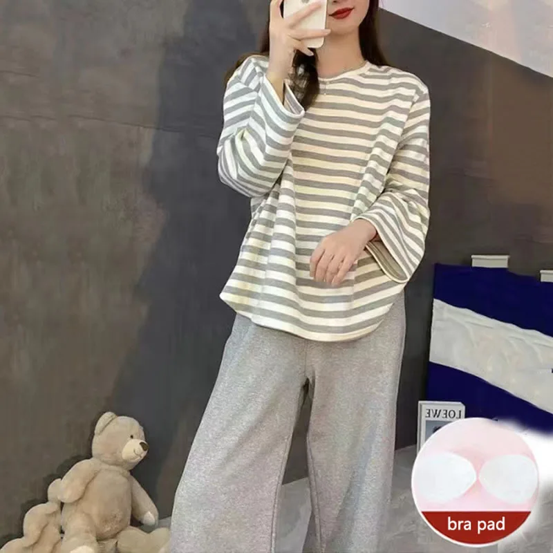 2PCS/Set Fashion Soft O-Neck Striped Women Pajamas Autumn Winter with Chest Pads Long-Sleeved School Sleepwear Easy to Clean