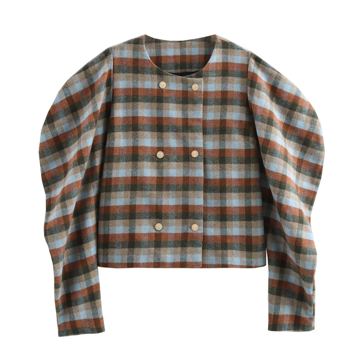 European and American style new round neck double-breasted loose color-blocked woolen plaid jacket