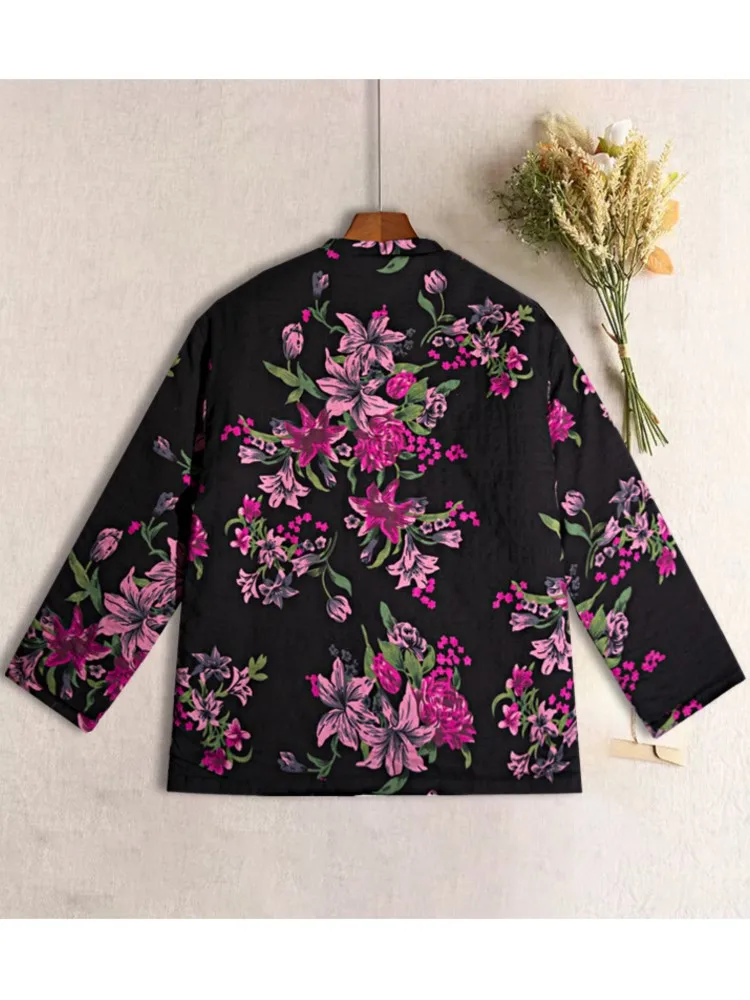 Padded Cotton Winter Flower Floral Print Jackets Coat Women Fashion Casual Loose Ladies Oversized Jackets Long Sleeve Woman Coat