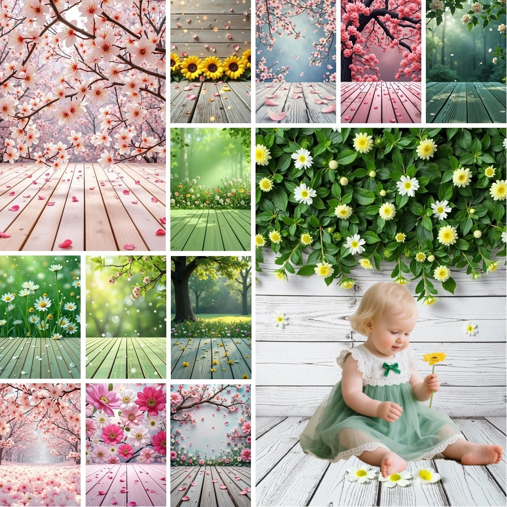 

MOON.QG Spring Floral Wood Wall Background Photography Green Grass Tree Garden Baby Birthday Wooden Floor Photo Studio Backdrop
