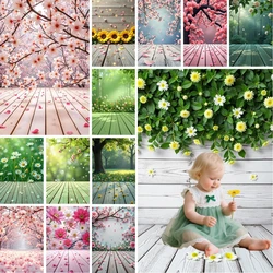 MOON.QG Spring Floral Wood Wall Background Photography Green Grass Tree Garden Baby Birthday Wooden Floor Photo Studio Backdrop