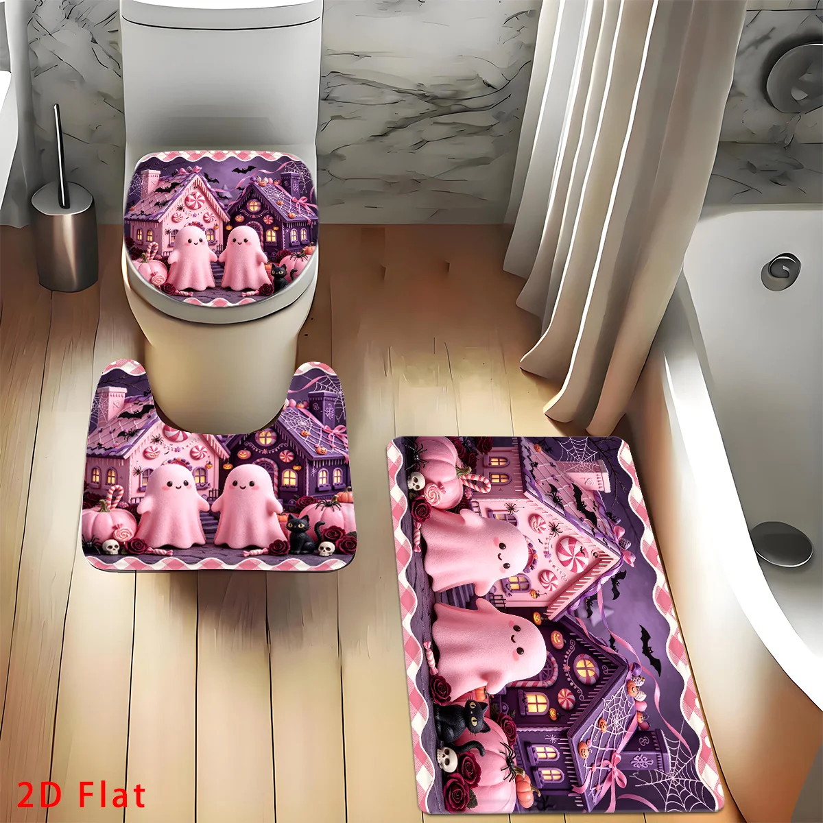 Pink Cute Ghost Halloween Bathroom Rugs 3 Pieces Set, Pastel Spooky Haunted Candy House Ghost Black Cat Pumpkin Bat Pattern Non‑Slip Bath Mat U‑Shaped Rug Toilet Cover, Home Kawaii Halloween Decor Gift