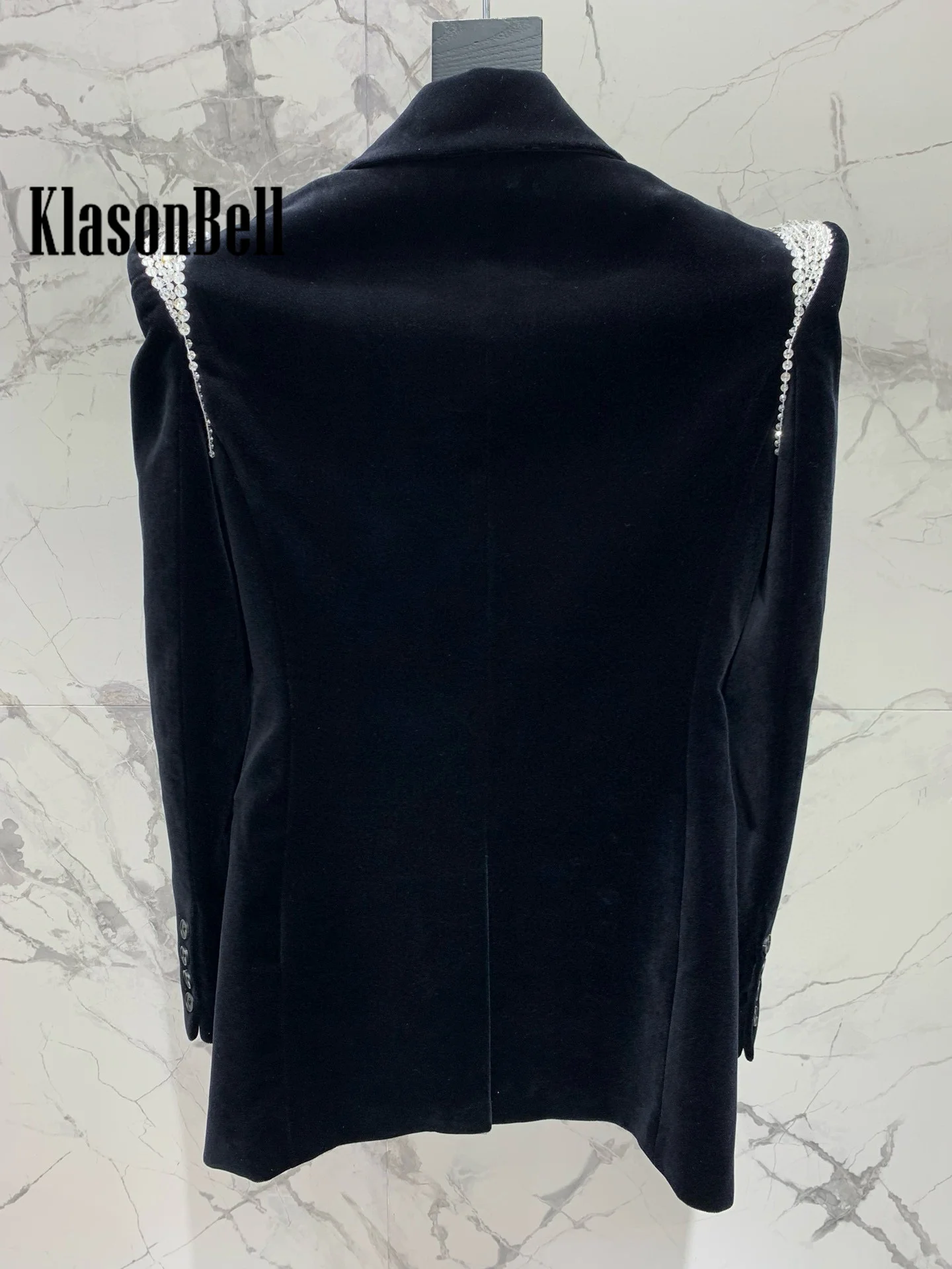 12.5 KlasonBell Elegant Temperament Shrug Shoulder Rhinestone Velvet Blazer Single Button Long Sleeve Jacket For Women