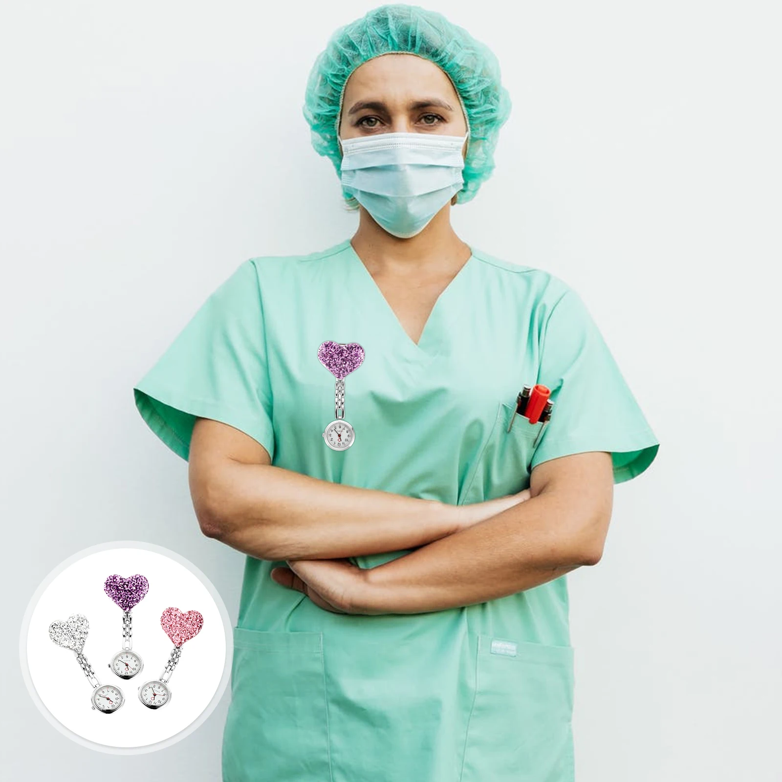 

3pcs Nurse Watch Pocket Hanging Clock Purple Alloy Quartz Watches Shape Practical Timepiece Accessories