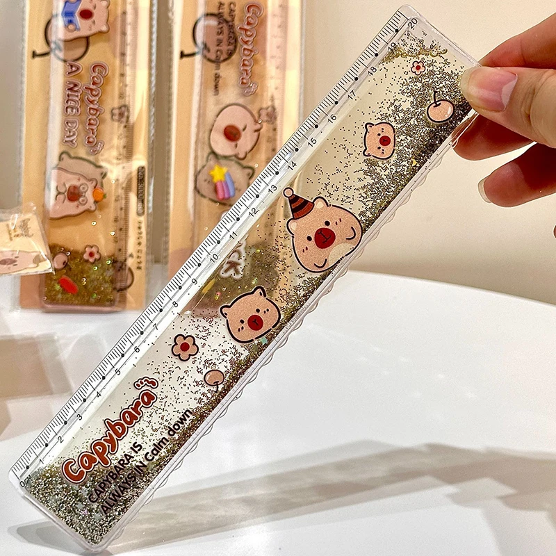 Cartoon Lovely Capybara Flowing Sand Ruler Cute Plastic Straightedge Protractor Portable Measuring Tools School Office Supplies