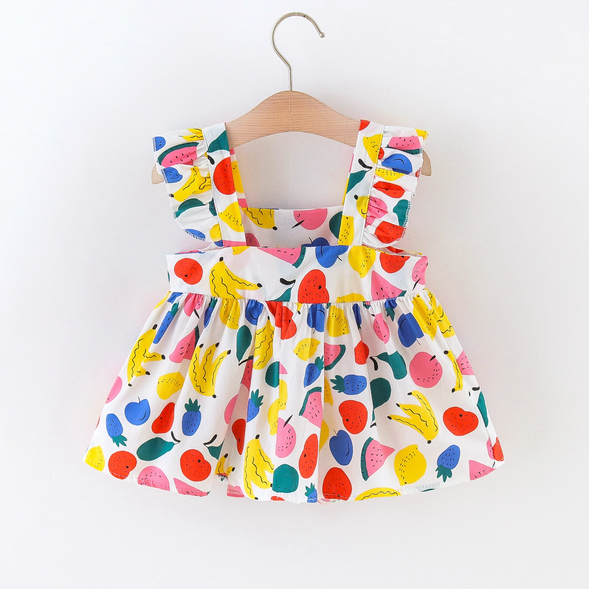 Girls\' New Summer Small Flying Sleeve Flower Print Dress Children\'s Small Square Neck Casual Princess Dress+Small Bag