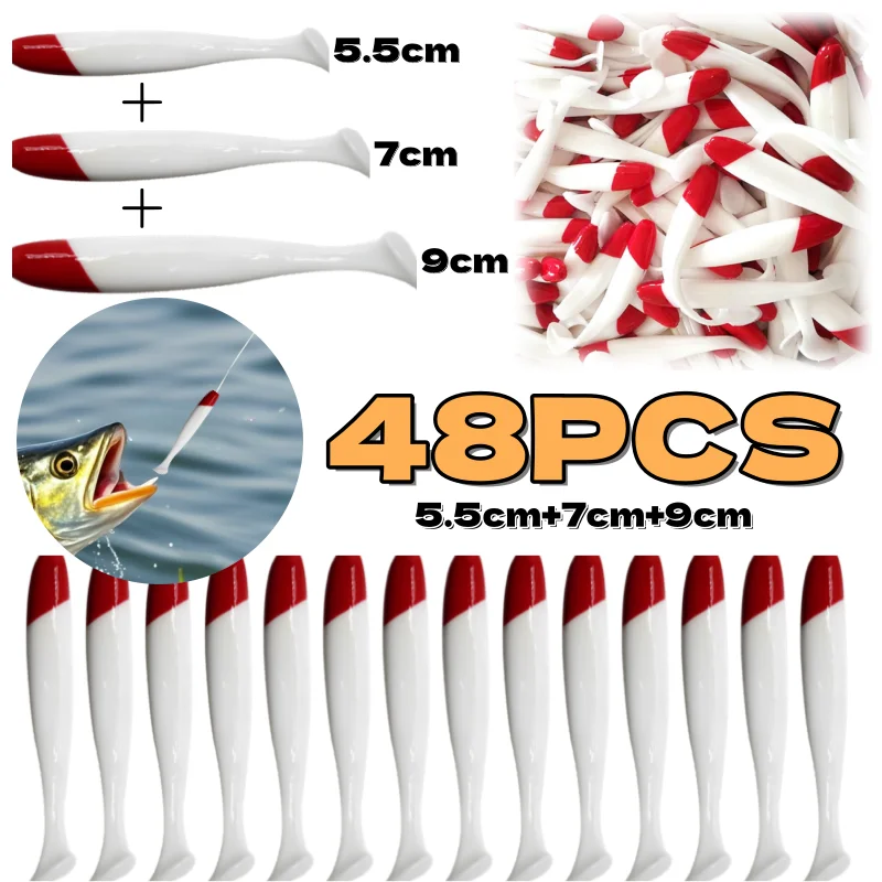 48-6Pcs Soft Lure Silicone Bait Red Head White Body Bait 5.5/7/9Cm Artificial Worm Lure Bait Fish Swinger T-Tail Fishing Tackle