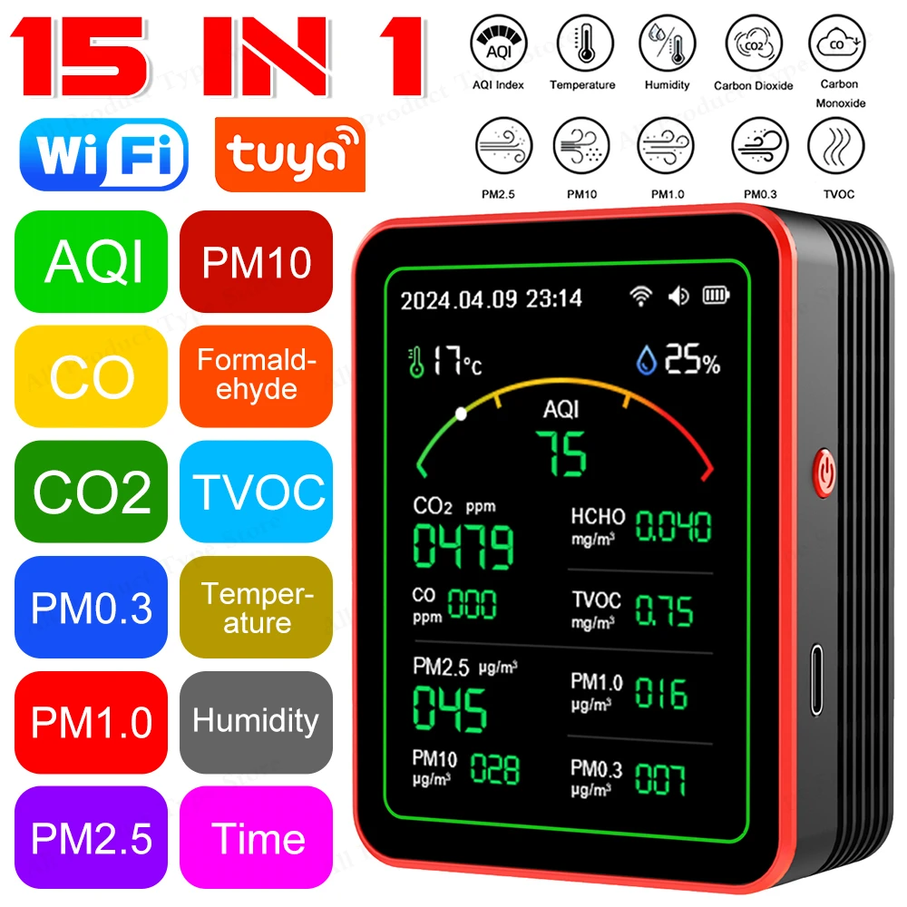 Tuya WiFi 15 in 1 Air Quality Detector Portable AQI PM0.3 PM1.0 PM2.5 PM10 Tester APP Control Household CO CO2 TVOC HCHO Tester