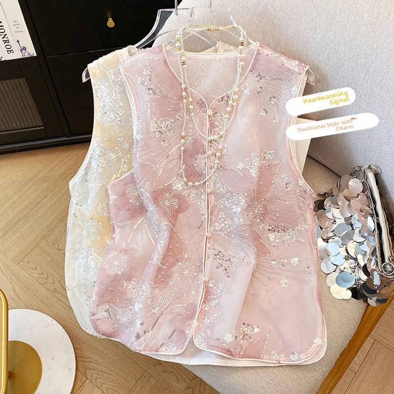 

Новый китайский женский жилет с вышивкой, тяжелый рабочий костюм Тан, летняя однотонная тонкая кроватка с блестками и блестками для поездок на работу...