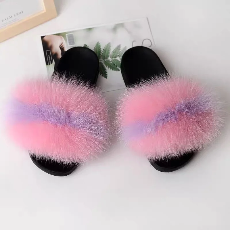 Real Fox Fur Slippers Women Fluffy Slippers With Fur Fashion Beach Shoes Plus Size Shoes Natural Fur Slippers Woman Home Slipper