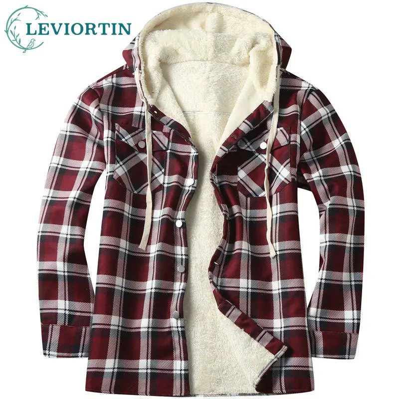 Winter Hooded Fleece Shirts Jacket Men Thick Fuzzy Sherpa Lined Patchwork Plaid Button Up Flannel Shirt Cotton Coats For Male