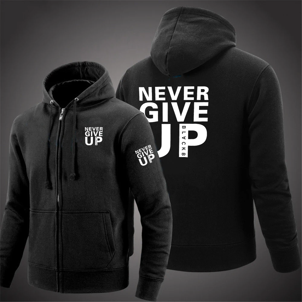 

2024 Spring Autumn Mens Never Give Up Logo Print Casual Sports Long Sleeve Popular Solid Color Zipper Comfortable Hooded Hoodies