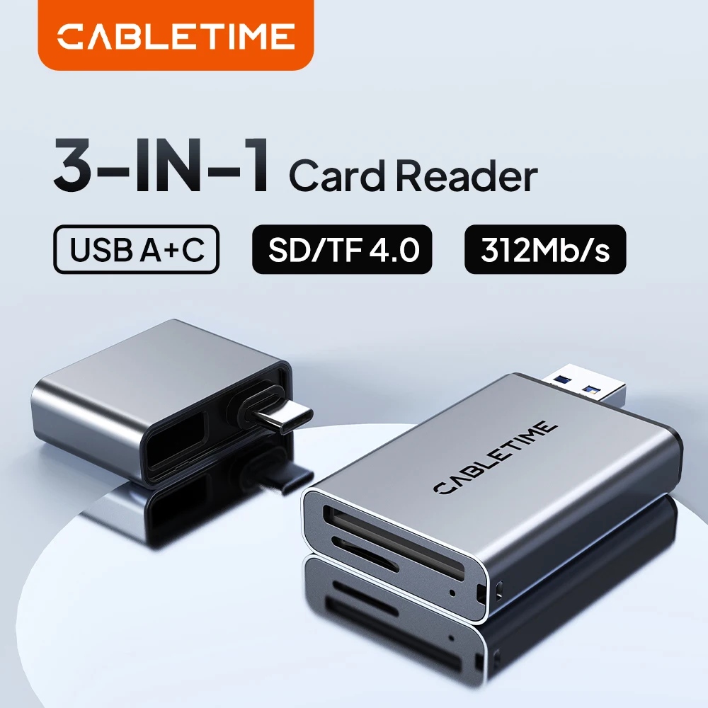 

CABLETIME USB 4.0 3 IN 1 Card Reader 5Gbps USB A & USB C 312 MB/s Aluminum Alloy SD/TF Cards Portable for iPhone iPad