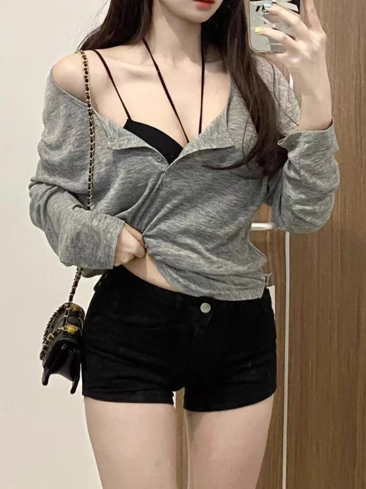 Girls Solid Casual Long Sleeved T-shirt Women\'s Smock Tops Sexy Thin Transparent Tee Shirts Korean Loose T-shirt Streetwear
