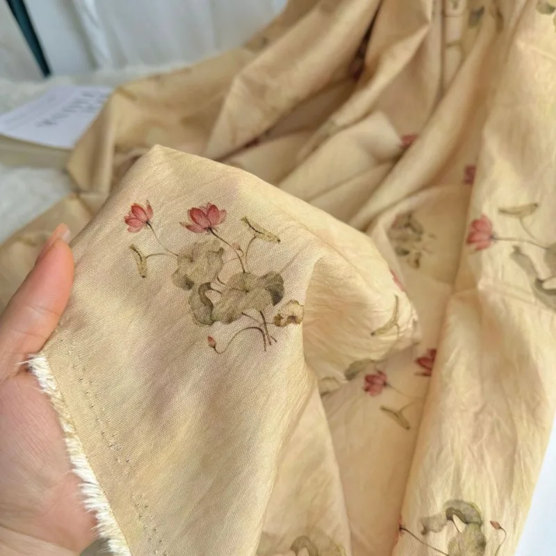 

0.5/1/2 Yard Vintage Khaki Elegant Lotus Printed Fabric New Chinese Style Perfect for DIY Clothing,Qipao,Dresses,Tablecloths