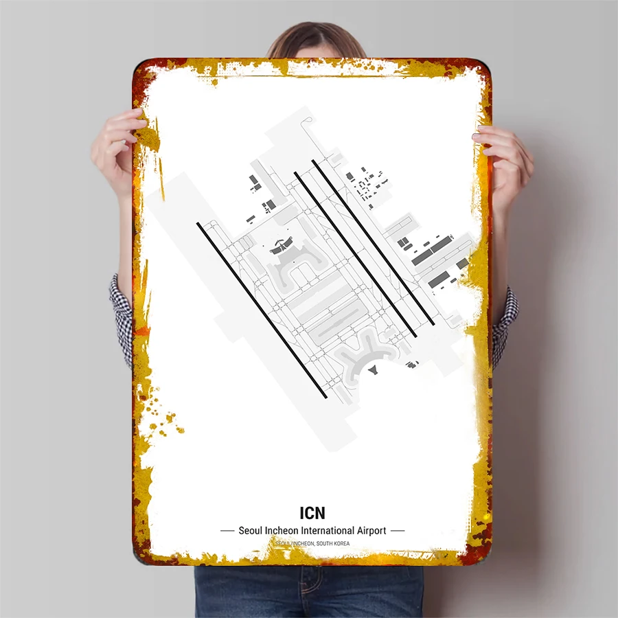 Seoul Incheon International Airport ICN Minimalist Map Metal Wall Art Modern Home Office Decorative Painting