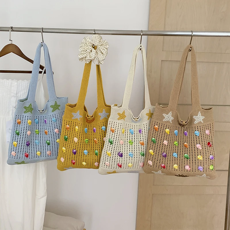 Fashion Cute Crochet Mesh Tote Bags for Women Colorful Beaded Star Decor Shoulder Bags Large Capacity Hollow Out Woven Handbag