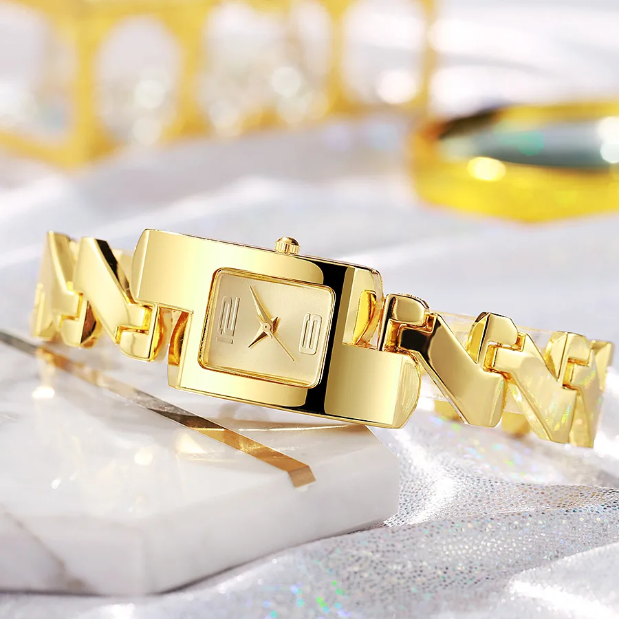 

Модные классические деловые часы для женщин, кварцевые часы, простой элегантный квадратный циферблат, золотой ремешок из нержавеющей стали, часы-браслет