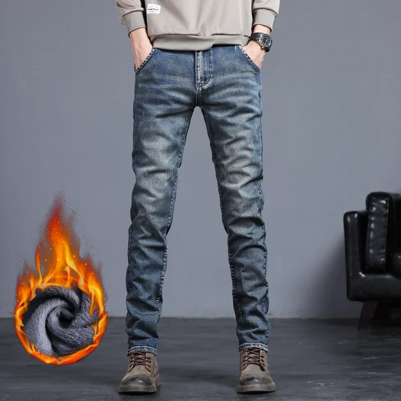 Retro Jeans Men's Streetwear Fashionable Slim Fit Thick Plush Denim Pants Men's Elastic Warm Narrow Leg Pants