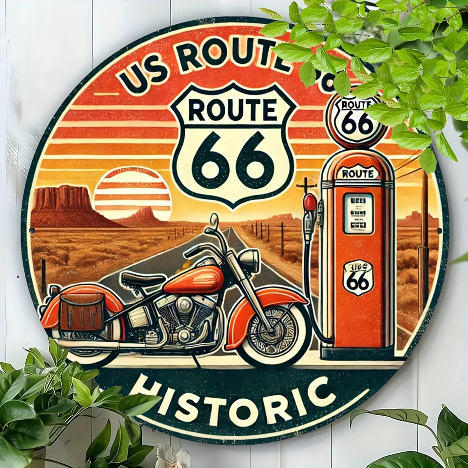 1-Pack Route 66 Historic Motorcycle Aluminum Sign - 7.87x7.87 inch