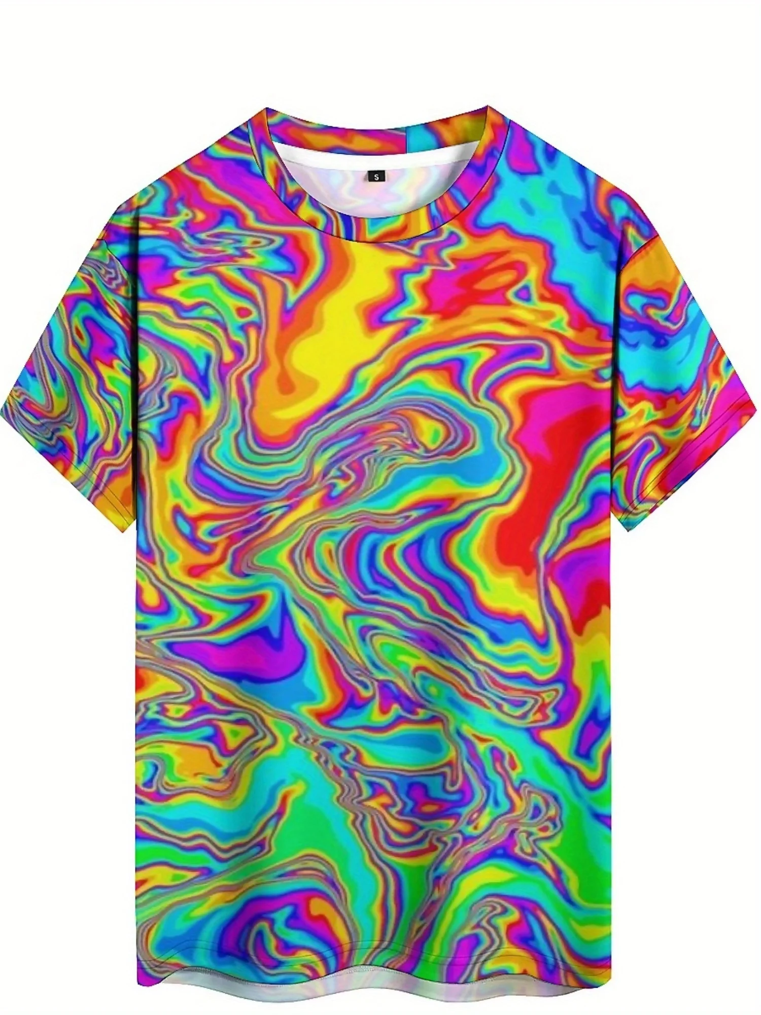 Camiseta masculina vibrante tie-dye com estampa 3D de manga curta estilo punk divertido, tecido de poliéster leve e respirável