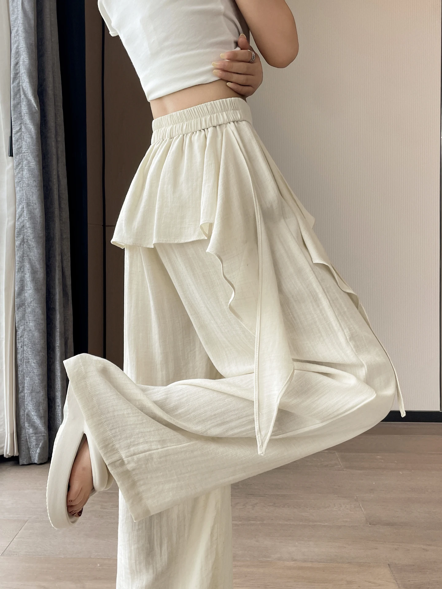 

Ice Silk Cotton Linen Wide Leg Pants Women's Summer Thin High Waist Slimming Casual Drapey Floor-Length Trousers