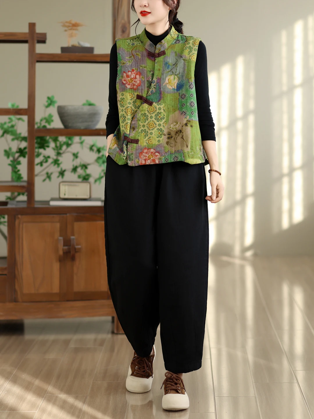 New Chinese Style Printed National Trend Buttonless Sleeveless Vest Women's Artistic Retro Fashionable All-Match Casual Pants