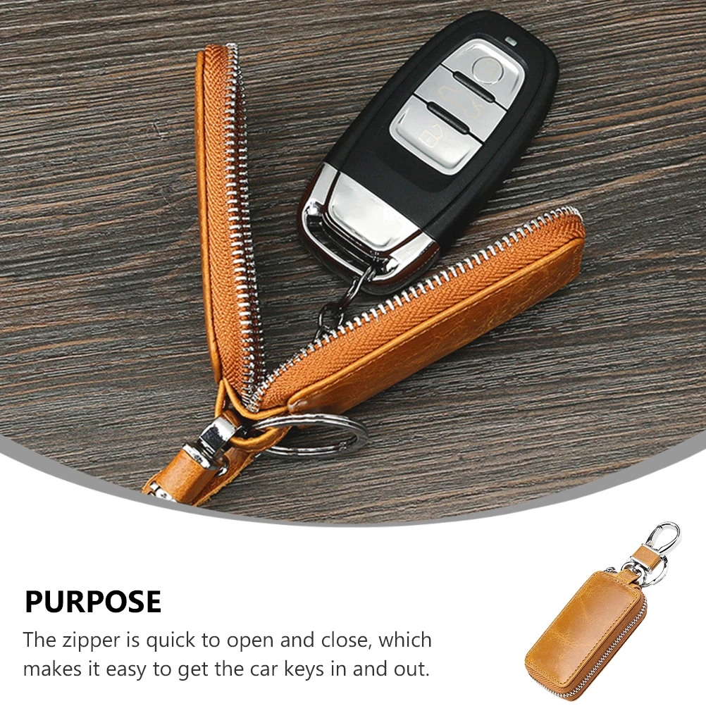 

Car Key Case Men Cowhide Retro Key Holder Motor Vehicle Durable Zipper Belt Hook Scratch Dust Protection Smooth Fast Access