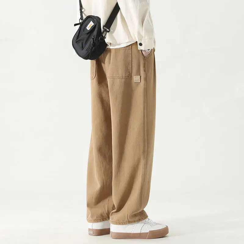 Spring Autumn New Solid Color Elastic Waist Straight Pants Man High Street Pure Cotton Pocket Patchwork Drawstring Y2K Trousers