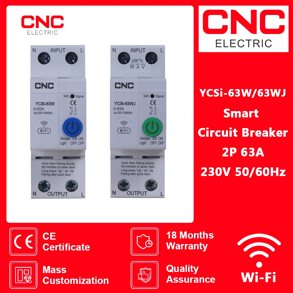 CNC 2P 63A WIFI Smart Switch  Energy Meter Kwh Metering Monitoring Timer Relay MCB TUYA Smartlife Voltage Current Protection