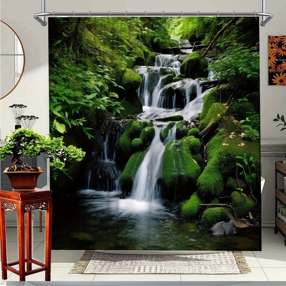 1pc Nature Waterfall Shower Curtain - 70. 8x70. 8 Inch Polyester Fabric with Lush Greenery & Flowing Water Design, Enhances Sere