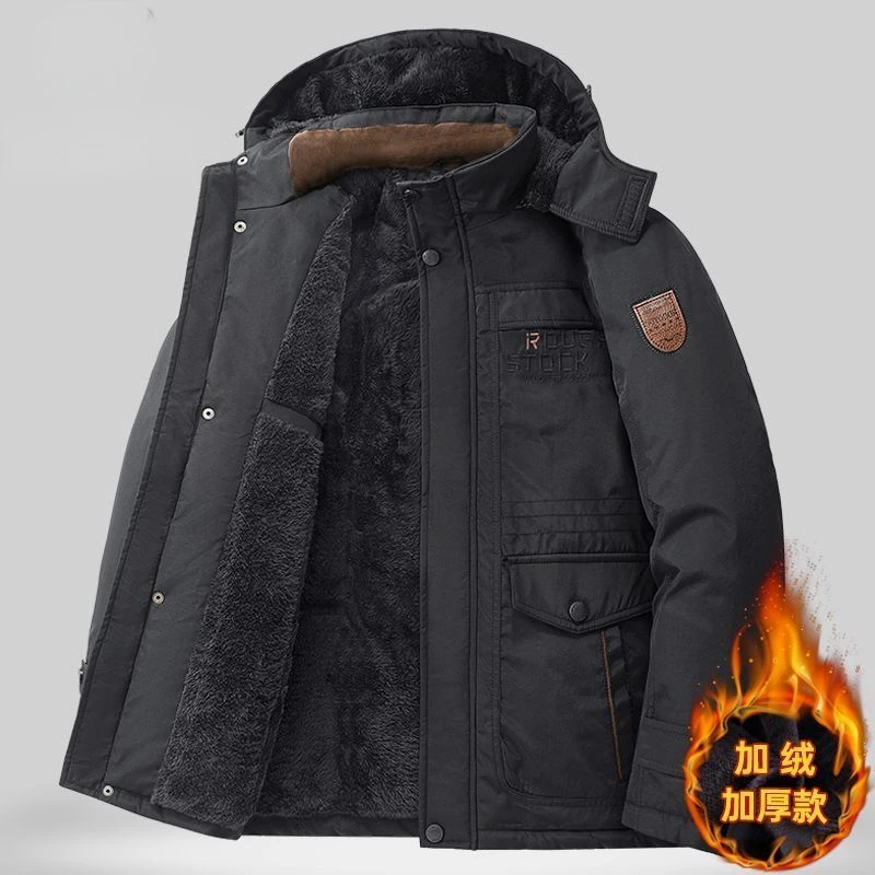 Luxury Brand Winter Men Jacket Fleece Warm Parkas Multi Pockets Cotton Coat Thick Windproof Zipper Hooded Outerwear High Quality