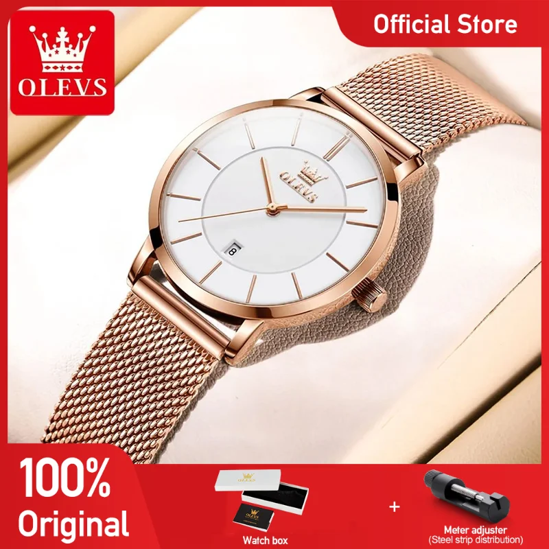 OLEVS 5869 Woman Watch Elegant Simple Quartz Watch Mesh Belt Waterproof Luminous Date Watch Bracelet Set Box Gifts Original