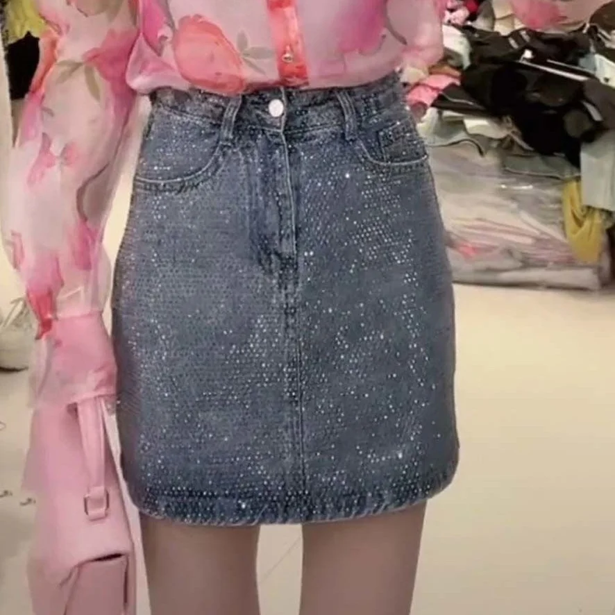 

Faionable A-Line Denim Skirt with Hotfix Rhinestones High Waist ort Skirt Women's Commute Korean Sle Cotton Blend