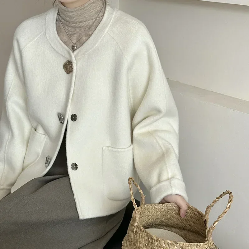 

French design sense metal buckle decoration collarless spring senior double-sided wool coat small fragrant woolen coat