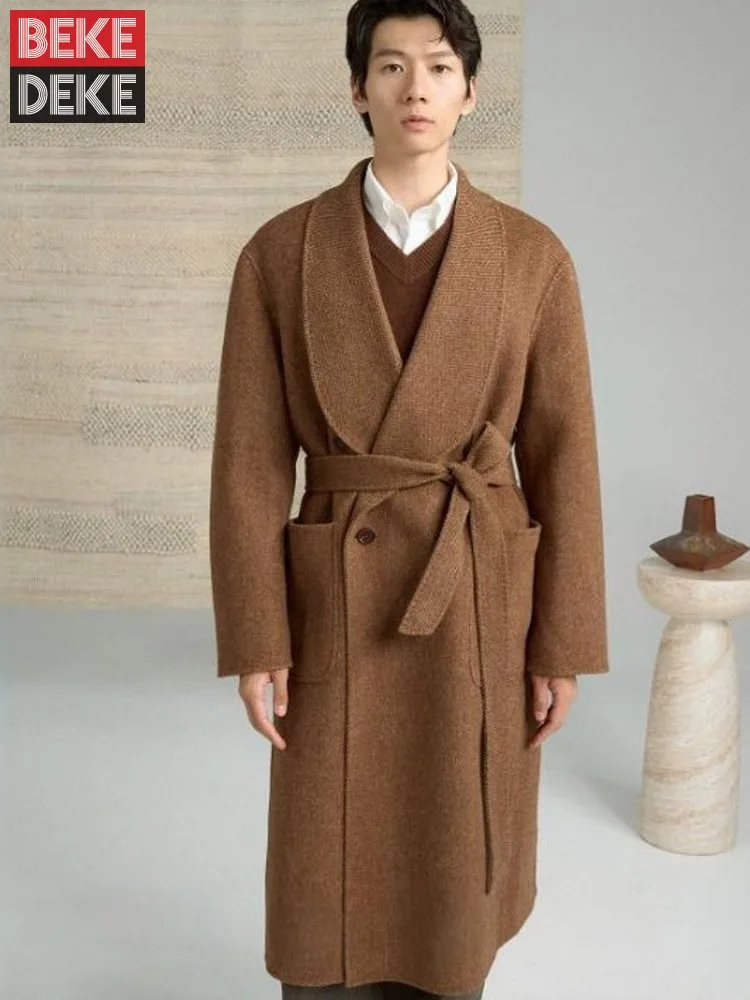 New Men Casual Office Business Long Sleeves Double Breasted Woolen Coat Lapel Belt Fashion Male Solid Color Long Style Overcoat