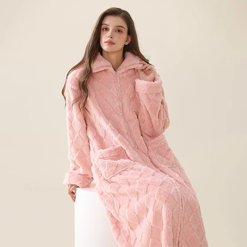 두꺼운 산호 양털 지퍼 기모노 가운 여성과 남성 겨울 잠옷 따뜻한 플란넬 잠옷 플러스 사이즈 홈 의류 잠옷