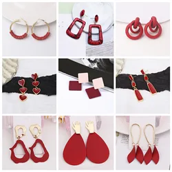 New Wine Red Geometric Hanging Earrings for Women Metal Pendants Dangle Earrings Red Color Exaggerated Drop Earrings aretes