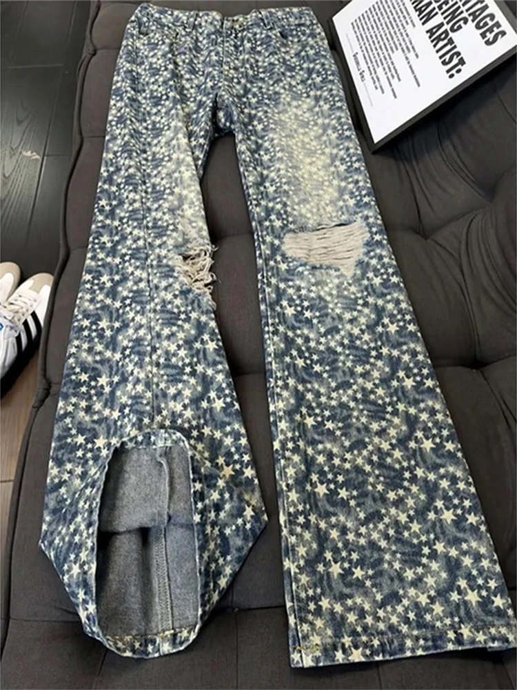 

American Style Men's Star Embroidery Straight Leg Jeans High Waist Torn Denim Pants Slimming Wide Leg Casual Fashion