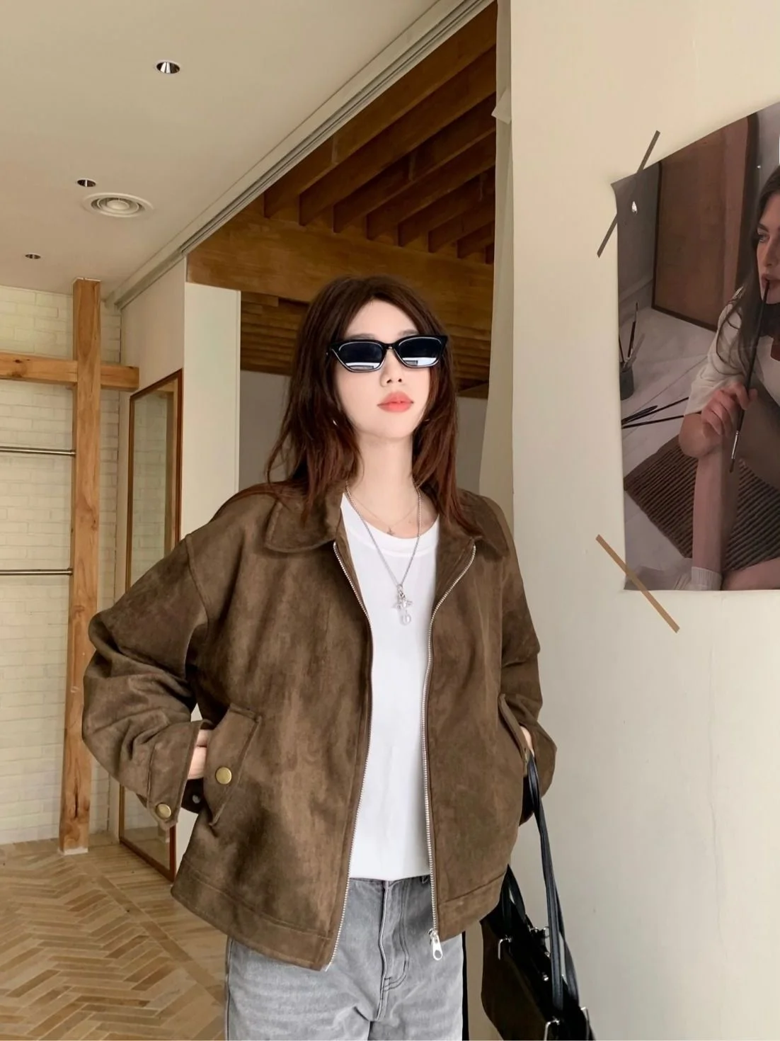 معطف نسائي من جلد الغزال الأمريكي من American Sle معطف خارجي للخريف والشتاء ملابس خارجية رائعة وسترة من الجلد