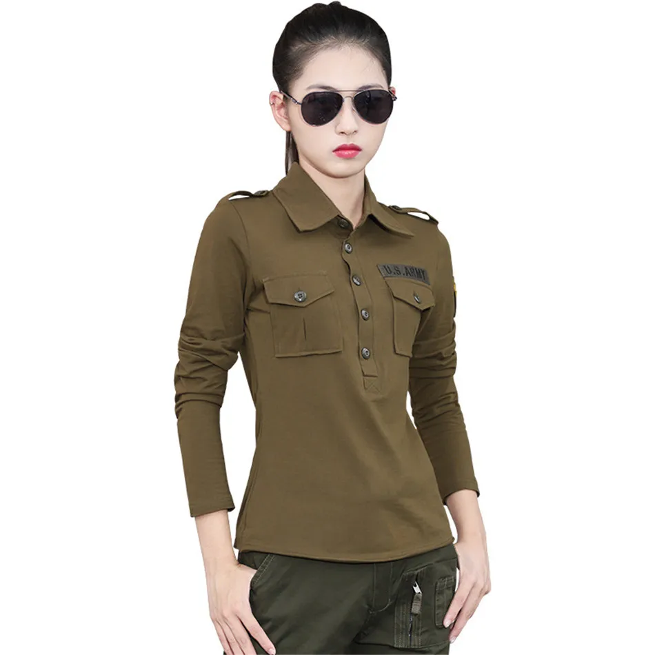 Camping Hiking Army Fans Cotton Long Sleeve T-Shirt Spring Summer Breathable Women Lapel Armygreen Military Training Uniform