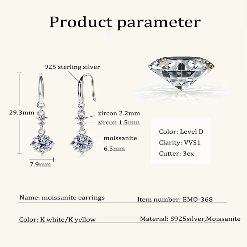 100% Real Silver 925 D Color 6.5mm Moissanite Diamond Hook Earrings Dangle Drop Earring for Women Wedding Jewelry Valentine Gift