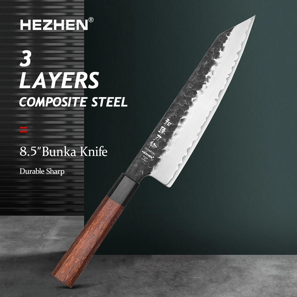 

HEZHEN 8.5" Bunka Knife - Japanese Traditional Multi-Purpose with 3-Layer Composite Steel & Red Wood Handle