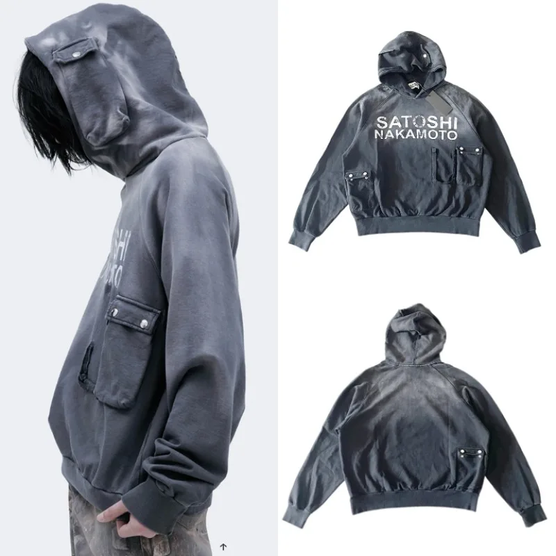 Fall Winter New Arrival SATOSHI NAKAMOTO Mens Pullover Hoodie Side Cargo Pockets Streetwear Sweatshirt
