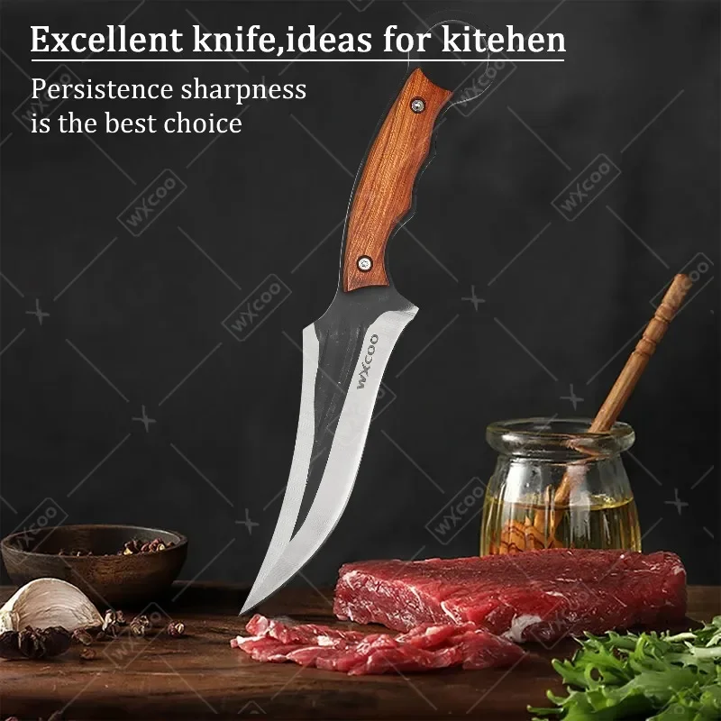 WXCOO Stainless Steel Kitchen Knife Hand-Forged Multifunctional Meat Cleaver Boning BBQ Butcher Knife Fruit Paring Wooden Handle