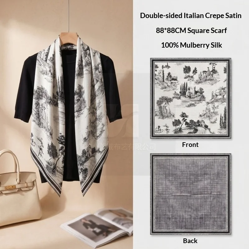 100% Mulberry Silk 18 Momme Square Scarf Double Sided Print Shawl Sun Protection Office