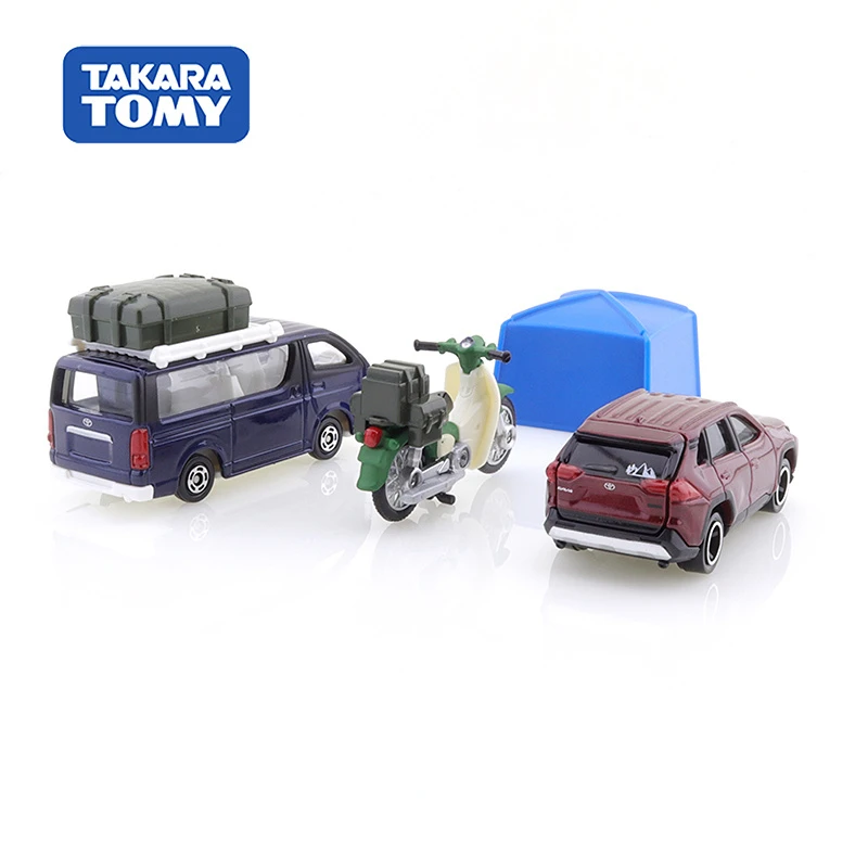 TAKARA TOMY Tomica Toyota Hiace Honda Cub motocykl zestaw pojazdów kempingowych 3 sztuk/zestaw mikrosilnik Model pojazdu zabawka dla dzieci prezent