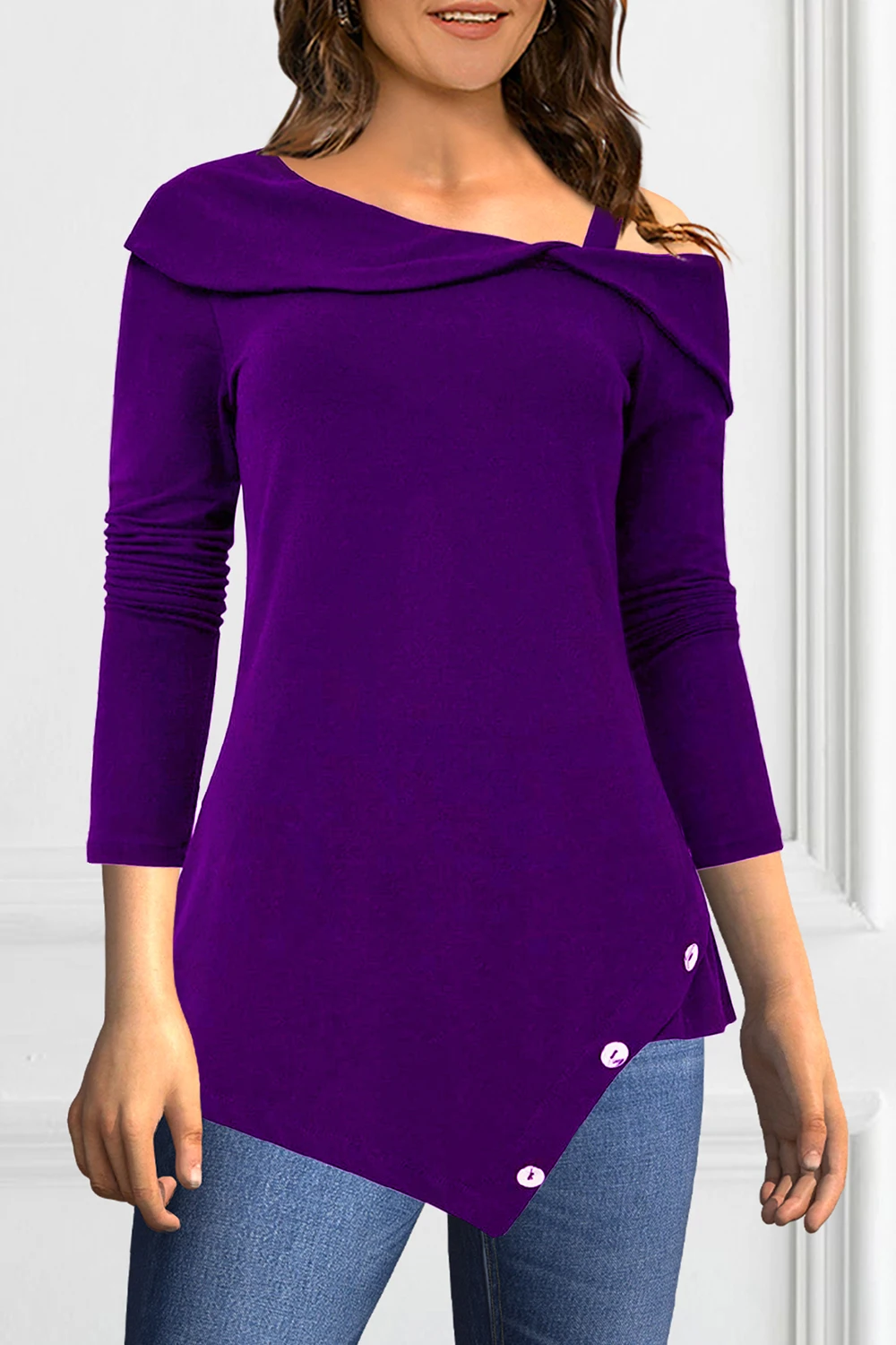 

Женская футболка больших размеров с длинным рукавом и открытыми плечами, осенняя однотонная фиолетовая футболка, повседневная тонкая модная футболка нестандартной формы 2025